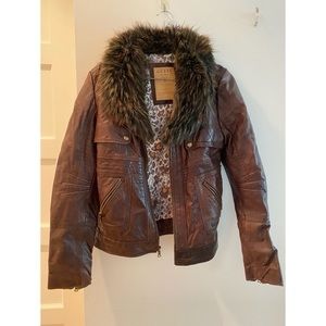 Brown Leather Jacket with Removable Fur Collar